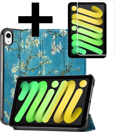 Hoes - Geschikt voor Apple iPad Mini 7 (2024) - 8.3 inch - 7e Generatie - Met Screenprotector - Trifold Bookcase - Hard Cover - Hardcover Book Case - Tablet Hoesje - Bloesem