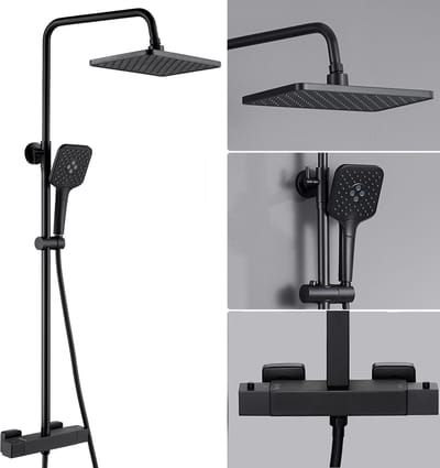 Auralum Max Regendouche - Ø 30 cm - Handdouche met 3 Standen - Inclusief thermostaatkraan - Doucheset - Verstelbare Hoogte 90-125 cm - Wandmontage - Waterbesparend - Zwart