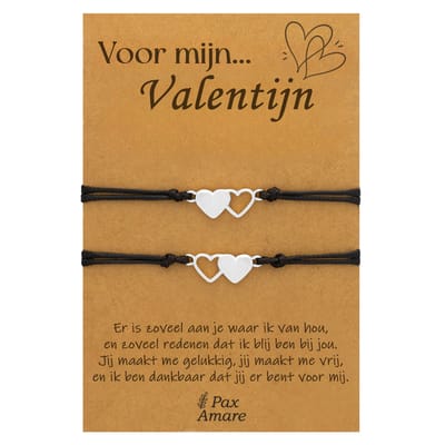 Koppel Armbandjes voor 2 "Voor Mijn Valentijn" - Hartjes - Vriendschapsarmbandjes met Persoonlijk Cadeau Kaartje - Zilverkleurig - Elastisch Verstelbaar - Pax Amare