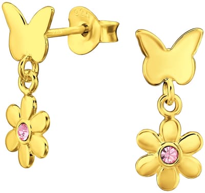 Joy|S - Zilveren vlinder met bloem bedel oorbellen - 6 x 15 mm - roze kristalletje - kinderoorbellen - gold plated - goudkleur
