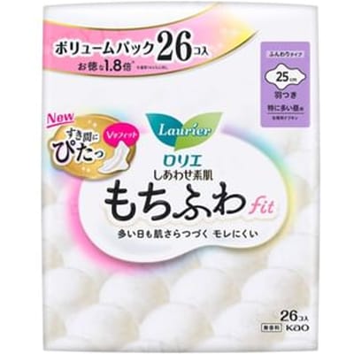 Kao - Laurier Happy Skin Mochifuwa Fit Volume Pack For Heavy Flow Daytime Use 25cm With Wings 26 pcs
