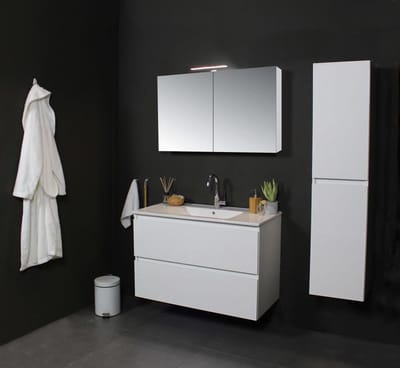 Basic Comfort 46 badmeubelset met spiegelkast, greeploze wastafelonderkast met 2 lades en porseleinen wastafel met 1 kraangat 80 x 46 cm, ice white
