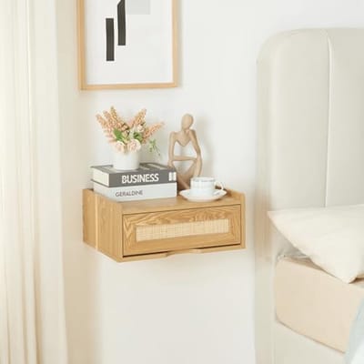 Wandrek met Lade - Hangend Nachtkastje - Zwevende Plank Wandmontage - Eikenkleurig met Rotan Look