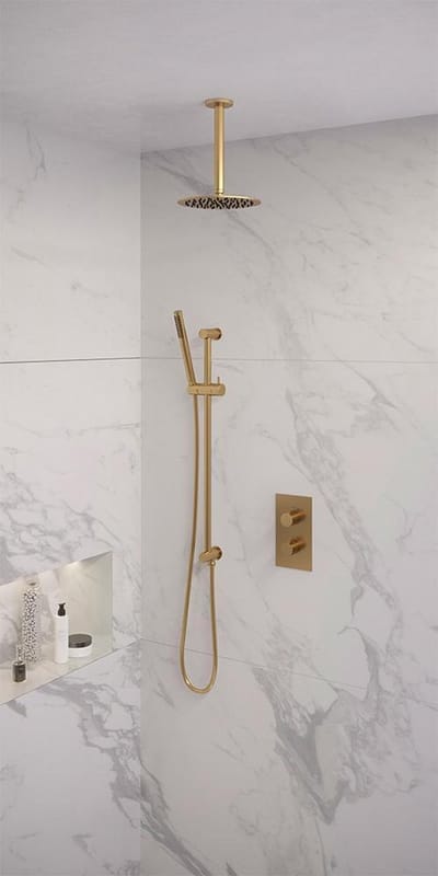 Brauer Gold Edition thermostatische inbouw regendouche 3-weg omstelling SET 41 met 20 cm douchekop en plafondarm en staaf handdouche en doucheslang en geïntegreerde glijstang goud geborsteld PVD