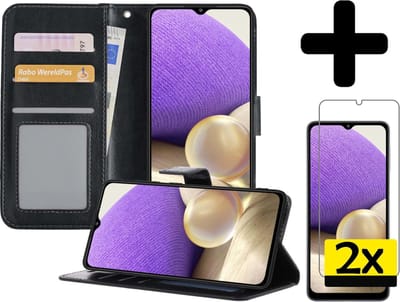 Hoesje - Met 2x Screenprotector - Geschikt voor Samsung Galaxy A32 4G - Luxe Pasjeshouder - Bookcase Portemonee - Flip Case - Kunstleer Book Case - Flipcase Hoes - Book Cover - Walletcase - Portemonneehoes - Telefoonhoesjes - Zwart