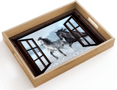 Dienblad hout 40x30 cm - Schootdienblad - Paarden - Winter - Dieren - Natuur - Doorkijk - Borrelplank rechthoek - Plateau dienbladen