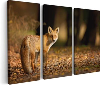 Artaza Canvas Schilderij Drieluik Vos in het Herfstbos - 180x120 cm - Groot - Wanddecoratie Woonkamer - Schilderijen - Muurdecoratie