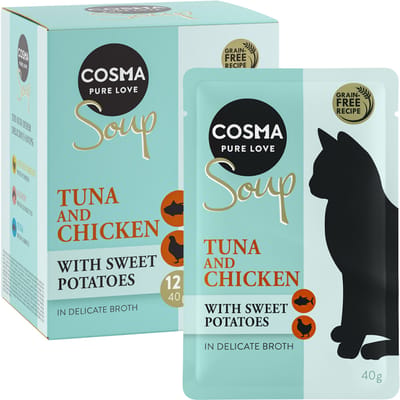 24x40g Soup Tonijn & Kip met Zoete Aardappel Cosma Kattenvoer