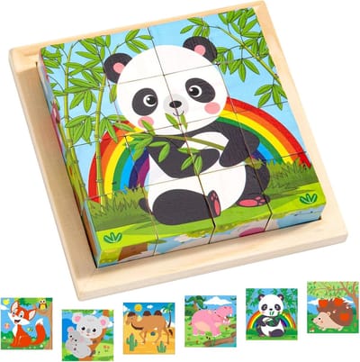 Houten Kubus Puzzel 6-in-1 Dierenmotieven Educatief Speelgoed voor Kinderen vanaf 3 Jaar