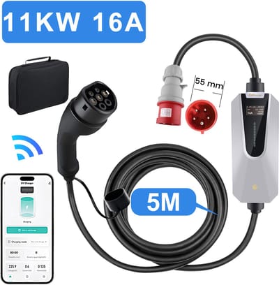 Junsun EV Mobiele Thuislader 11kW met APP - Laadkabel Type 2 - Schuko - WiFi - 3 Jaar garantie - 16A 3-fase 5M Laadkabel - 400V EV-oplader met LCD Digitaal Display - IP65 Regenbestendig - Geschikt voor Elektrische Auto's – Incl. luxe tas