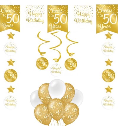 Feestpakket Verjaardag Versiering 50 Jaar - Goud - Wit - 14 Stuks - Versiering - Abraham -Sarah - Decoratie - Pakket - Leeftijden - Slinger - Ballonnen - Hangdecoratie - Swirls - Thema Versiering - Gouden Huwelijk