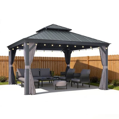 PURPLE LEAF Hardtop Aluminium Tuinpaviljoen – Dubbel dak – Hoogwaardige Gordijnen – Wind- en weerbestendig – Luxueus Grijs – Met Sfeerverlichting