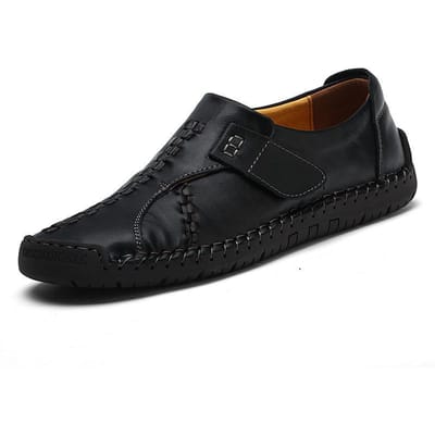 Lente en Zomer Plus Size Herenschoenen Casual Leren Schoenen Echt Leer Instappers Buitenschoenen Zachte Zool Schoenen Jeugd Alles-Passende Schoenen 48 black