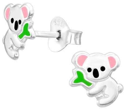 Joy|S - Zilveren koala oorbellen - zilver met roze oortjes - bamboe groen - 7.3 mm - kinderoorbellen