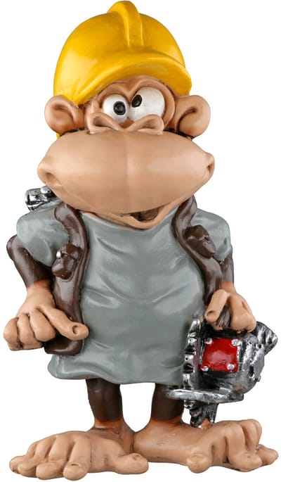 grappig beroepenbeeldje handige klusser aap met kettingzaag- resin - geel grijs - 5.5 x 7 x 12.5 cm beeldje bouwvakker