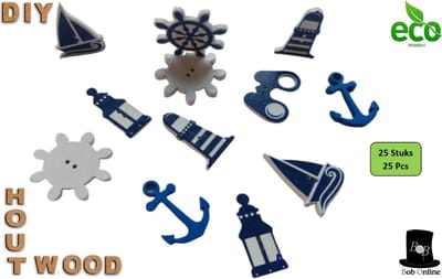 Bob Online ™ - 25 Stuks – Mixed Setje - Knoop - Houten Geschilderd Maritiem Vormige Knopen met 2 Gaatjes – Anker, Zeilboot, Vuurtoren, Verrekijker, scheepswiel + Lantaarn versieringen – Knutselen, Naaien, Scrapbooking, Accessoires, Kaarten Maken