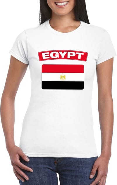 Vlag Egypte t-shirt - wit - met vlag van het land print - voor dames - korte mouwen - supporters S