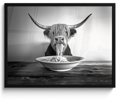 Fotolijst incl. Poster Zwart Wit- Schotse Hooglander - Spaghetti - Dieren - Zwart wit - 70x50 cm - Posterlijst