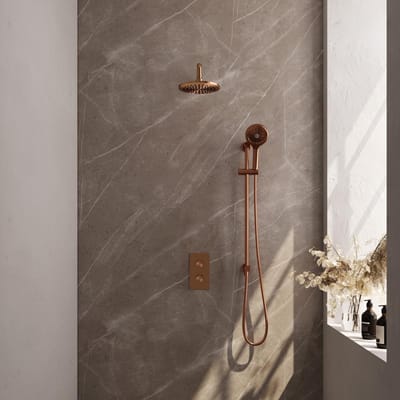 Brauer Copper Carving Thermostatische Regendoucheset Inbouw - Hoofddouche 20 cm - Gebogen Wandarm - 3 Weg - Handdouche 3 Standen - Doucheslang - Geintegreerde Glijstang