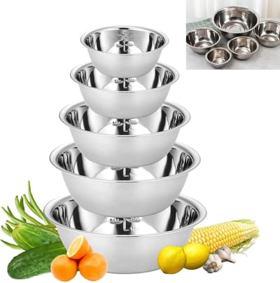 5-delige roestvrijstalen komset, roestvrijstalen kom, slakom met schaal, metalen kom, mengkom, serveerkom, stapelbaar, voor salade, bakken, keuken, 14/16/20/22/24 cm