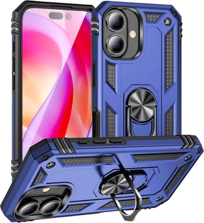 iPhone 16 Blauw Premium Kickstand Armor Hoesje - Extreme ShockProof iPhone 16 Blauw Backcover - Ultra Luxe Hybrid Armour iPhone 16 Case - 360° Rotating Ring Grip Kickstand