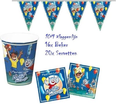 Dolfje Weerwolfje kinderfeest pakket. 16 bekertjes, 20 servetten & 10m vlaggenlijn