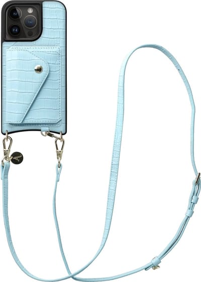 AVY Leren Hoesje geschikt voor Apple iPhone 15 Pro | Met Koord en Kaarthouder | Compatibel met MagSafe | Leather Case met Crossbody Koord & Wallet | Long Leather | Croco Blauw