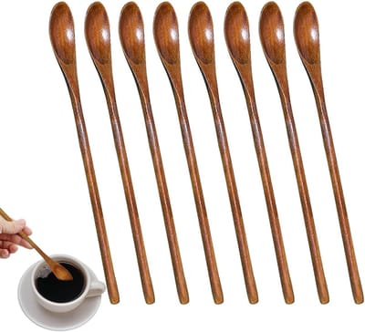 Set van 8 Lange Houten Theelepels, Ideaal voor Honing, Koffie en Thee - Perfect voor Dranken en Bakken