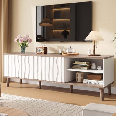 MIVRAY Tv Meubel - Ledverlichting En Schuifdeuren - Voor Woonkamer - Wit En Donker Walnoot - 160x40x52 Cm