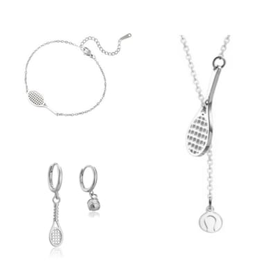 SportPresent® - Sieradenset - Tennis - Padel - Oorbellen - Armband - Ketting - RVS - Zilver - Tennisracket - 925 - Tennisbal - Sieraad - Kado - Sport - Teamkado - Sportsieraad