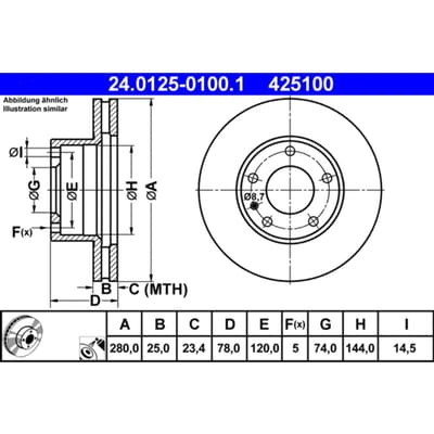 Remschijf ATE 24.0125-0100.1 voorkant, geventileerd, sterk gecarboniseerd, 1 Stuk