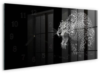 Tulup Wandklok - Jaguar Moderne Glazen Wandklok - 60x30 cm - Zwart Wandklok Glas Met Motief - Zwarte Handen - Rechthoekige Wandklok - Moderne Wandklok Glas - Wandklok Glas Decoratie
