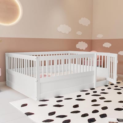 Houten Vloerbed - Bedframe met Omheining - Slaapkamer Inrichting - Open Design met Deur - 140x200 cm - Wit