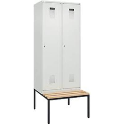 C+P Evolo Plus garderobekast, 2 vakken, 400 mm vakbreedte, met bank eronder, B 800 x D 815 x H 2120 mm, cilinder, lichtgrijs/lichtgrijs