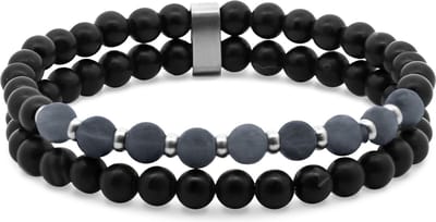 Frank 1967 - 7FB-0732 - dubbele kralenarmband heren met zwarte agaat en matte hematiet - 4 mm