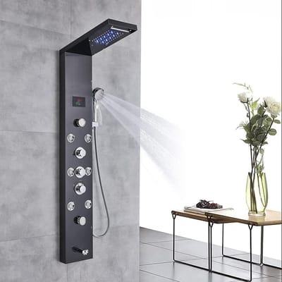 LED-douchekolom Zwart Hydromassage, weergave van de watertemperatuur 2 grote massagestralen en 6 micromassagestralen