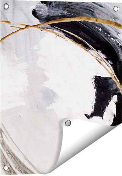 Gards Tuinposter Abstracte Kunst - Wit met Zwart en Goud - 40x50 cm - Tuindoek - Tuindecoratie - Wanddecoratie buiten - Tuinschilderij