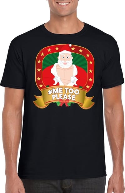 Foute Kerst t-shirt zwart Horney Kerstman - Hashtag Me Too Please - Kerst shirts S
