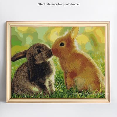 Peinture Diamant 5D Deux Lapins Affichage Complet Broderie Diamant Ronde Complète Point de Croix Strass 20X30CM beige