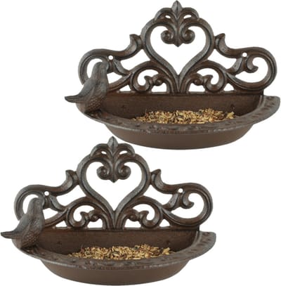 Esschert Design Wand vogel voederbak/drinkbak - 2x stuks - gietijzer - 24 cm - Vogelvoer - Vogelvoerbak - Vogeldrinkbak