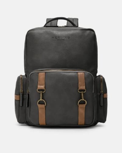 Herling - Rugzak - Reizen - Wandelen - School - Vesper - Uniseks - Vintage stijl - Antraciet grijs/Koffie bruin - Hoogwaardig Pu leder