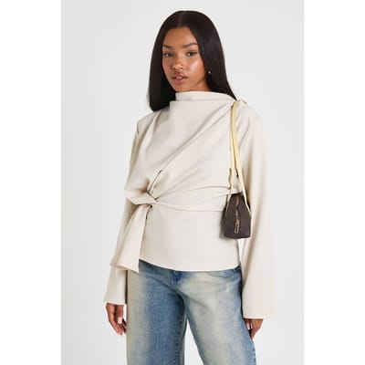 boohoo Dames Marl Knot Detail Top met Lange Mouwen | Ecru | Maat: 6
