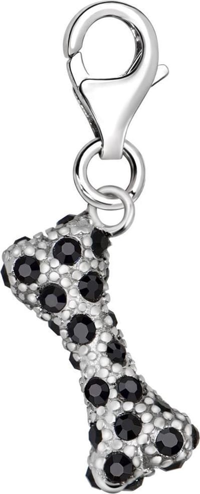 Quiges – 925 - Zilver – Charm - Bedel - Hanger - 3D Zwarte Zirkonia Bot Hond - met – sterling - zilver - karabijnslot - geschikt - voor - Bedelarmband HC297