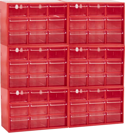 Plasticforte Sorteerbakjes spijkers/schroeven - 54x lades - 18.5 x 10 x 12 cm - opbergkastjes - ophangbaar - rood/transparant