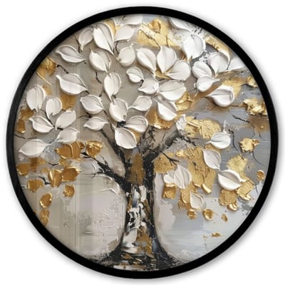 Poster in lijst Rond - Fotolijst 40x40 cm - Posters - Boom - Beige - Grijs - Goud - Abstract - Ronde posterlijst zwart - Decoratie - Wanddecoratie woonkamer - Muurdecoratie slaapkamer