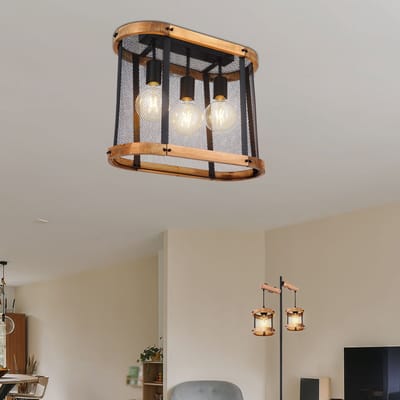 Plafondlamp Houten lamp Woonkamerlamp Eetkamerlamp, 3 vlammen industrieel, metaal zwart hout donkerbruin, E27 fitting, LxBxH 45x20x38cm