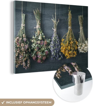 MuchoWow® Glasschilderij 160x120 cm - Schilderij acrylglas - Droogbloemen - Bloemen - Boeket - Stilleven - Touw - Bundel - Foto op glas - Muurdecoratie woonkamer - Wanddecoratie slaapkamer - Schilderijen