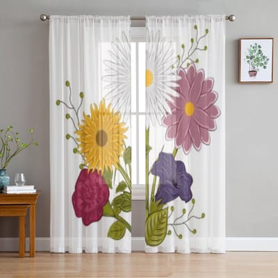 Bloemenboeket Tule Gordijnen Voor Woonkamer Keuken Raam Gordijnen Huisdecoratie Transparant Gordijn Voor Kinder Slaapkamer 135W x 114H(cm) white