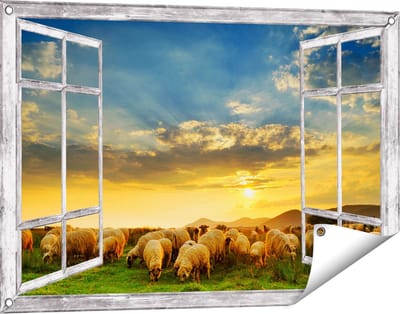 Gards Tuinposter Doorkijk Kudde Schapen op het Gras bij Zonsondergang - 90x60 cm - Tuindoek - Tuindecoratie - Wanddecoratie buiten - Tuinschilderij
