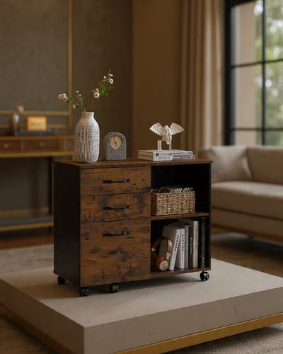 Industrieel Verrijdbaar Ladeblok met Archielade en Printertafel – Vintabruin/Zwart 80x40x66 cm – Casa Serena – Casa Dorada